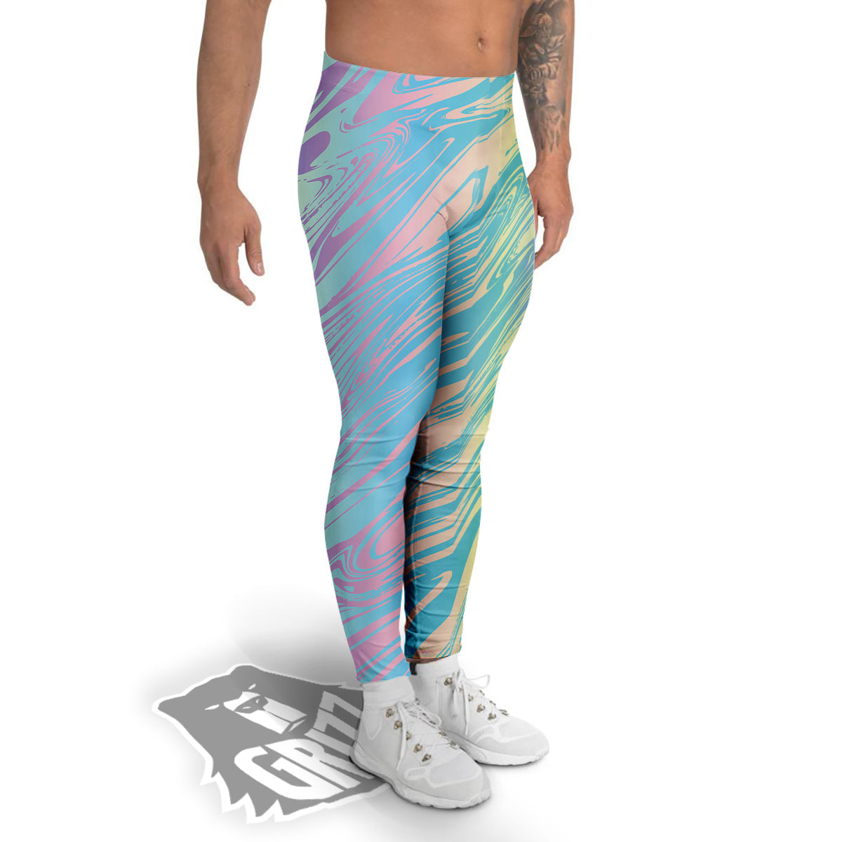 Pastel Liquid Marble Holographic Print Men's Leggings-grizzshop