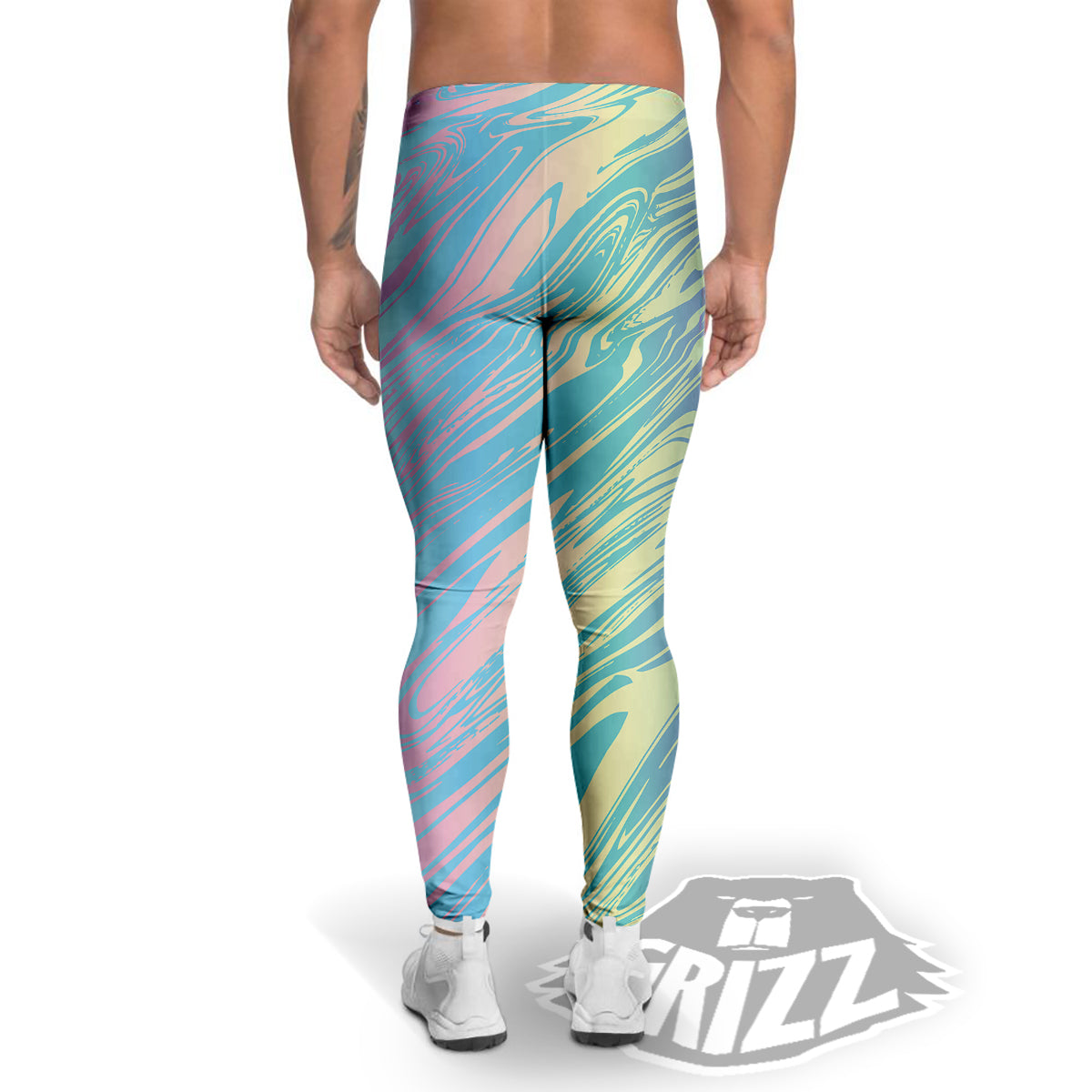 Pastel Liquid Marble Holographic Print Men's Leggings-grizzshop