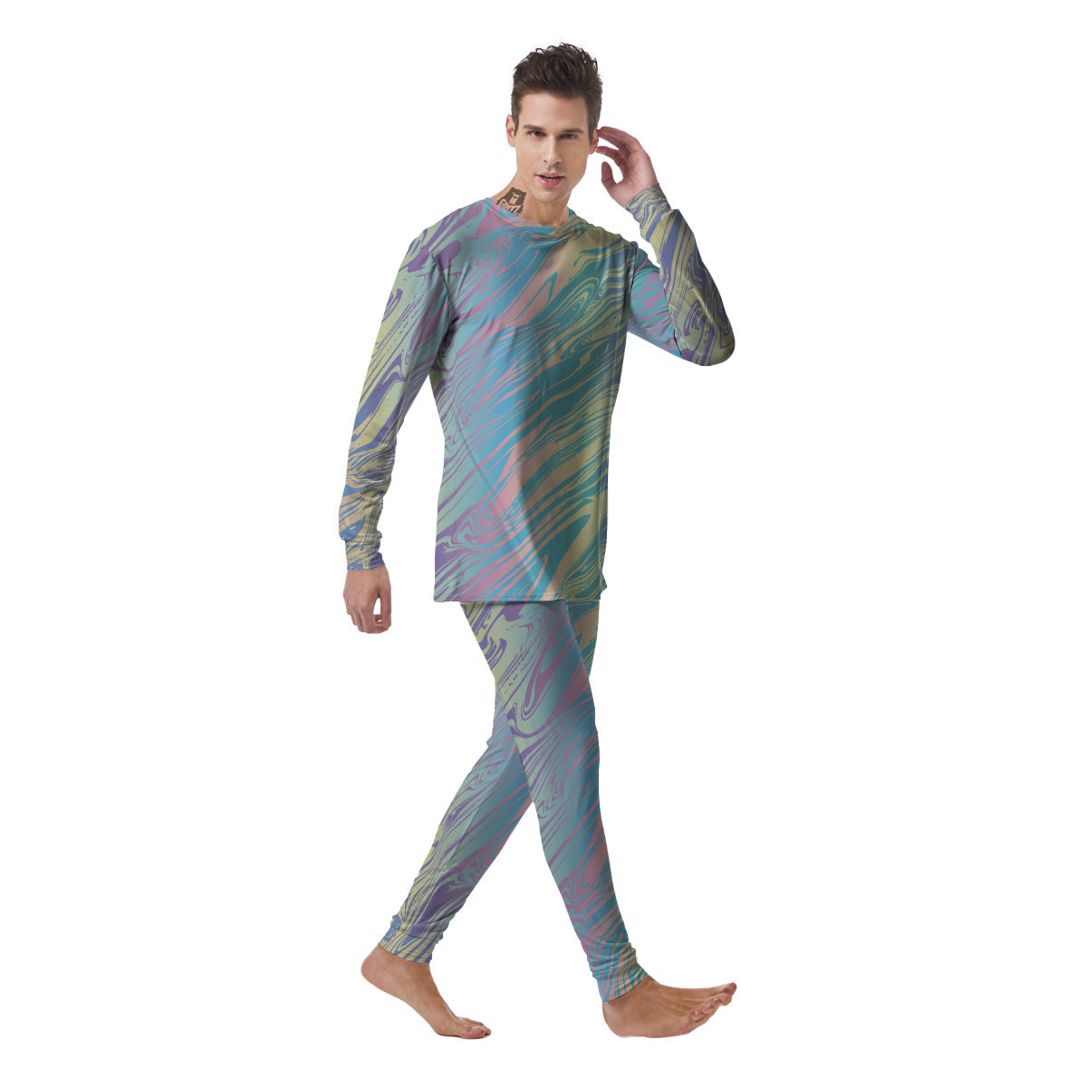 Pastel Liquid Marble Holographic Print Men's Pajamas-grizzshop