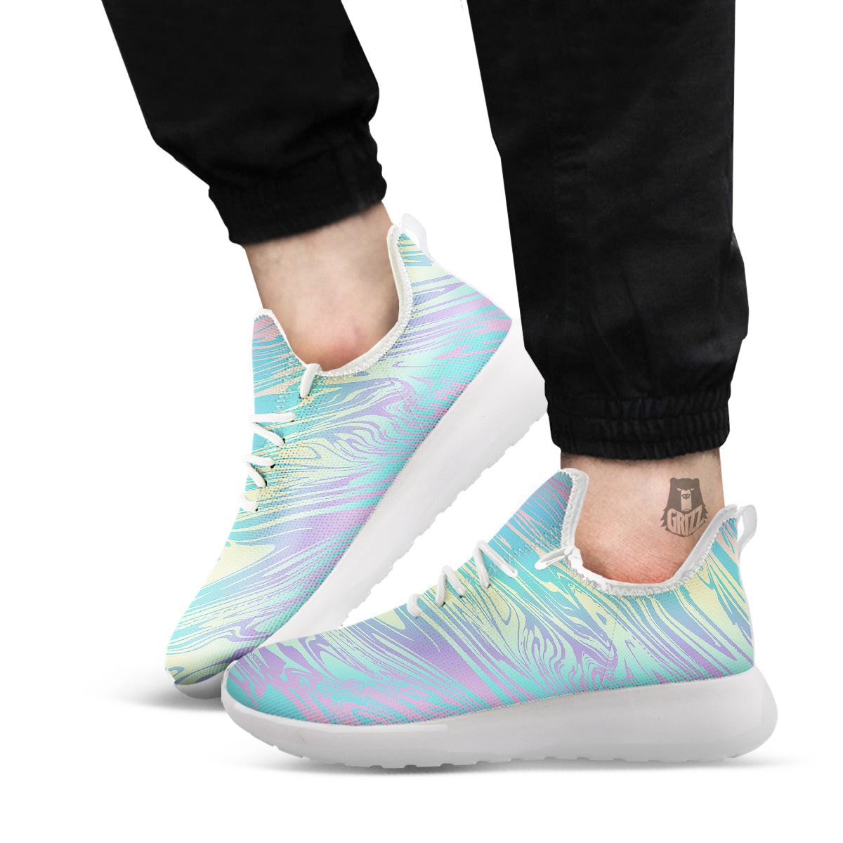 Pastel Liquid Marble Holographic Print White Athletic Shoes-grizzshop