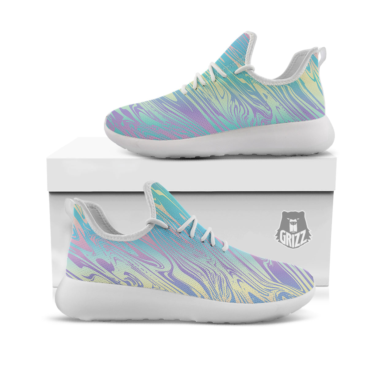 Pastel Liquid Marble Holographic Print White Athletic Shoes-grizzshop