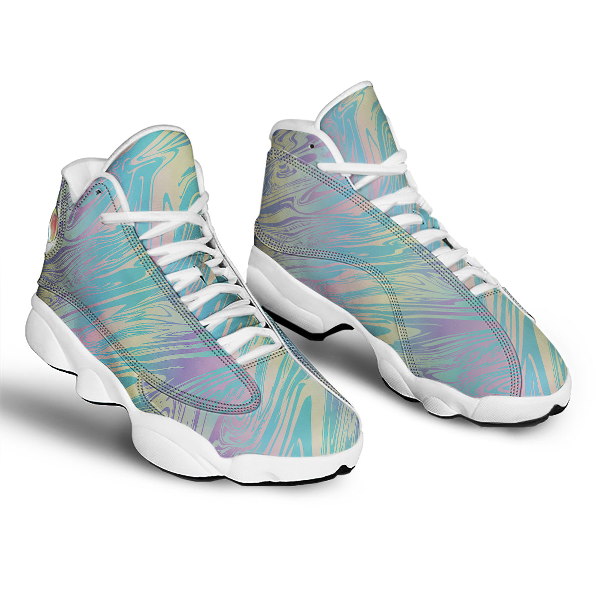 Pastel Liquid Marble Holographic Print White Basketball Shoes-grizzshop