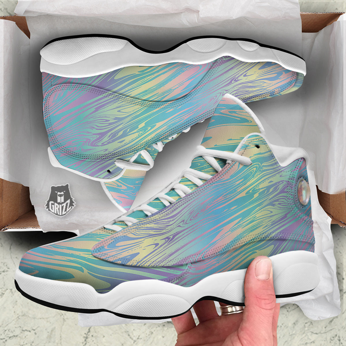 Pastel Liquid Marble Holographic Print White Basketball Shoes-grizzshop