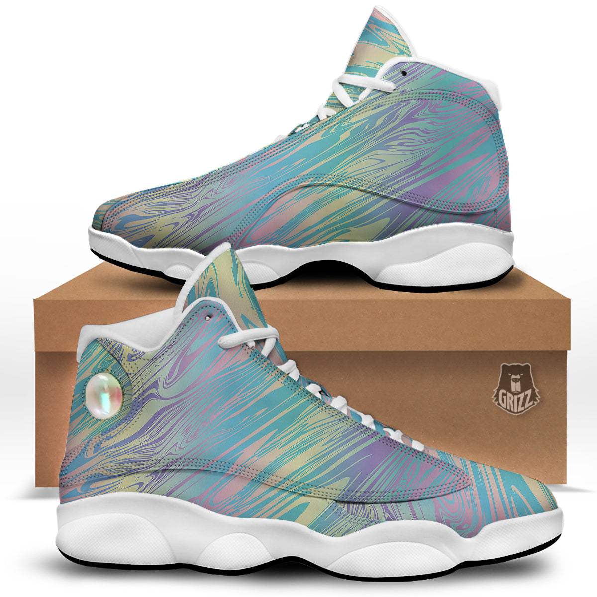Pastel Liquid Marble Holographic Print White Basketball Shoes-grizzshop
