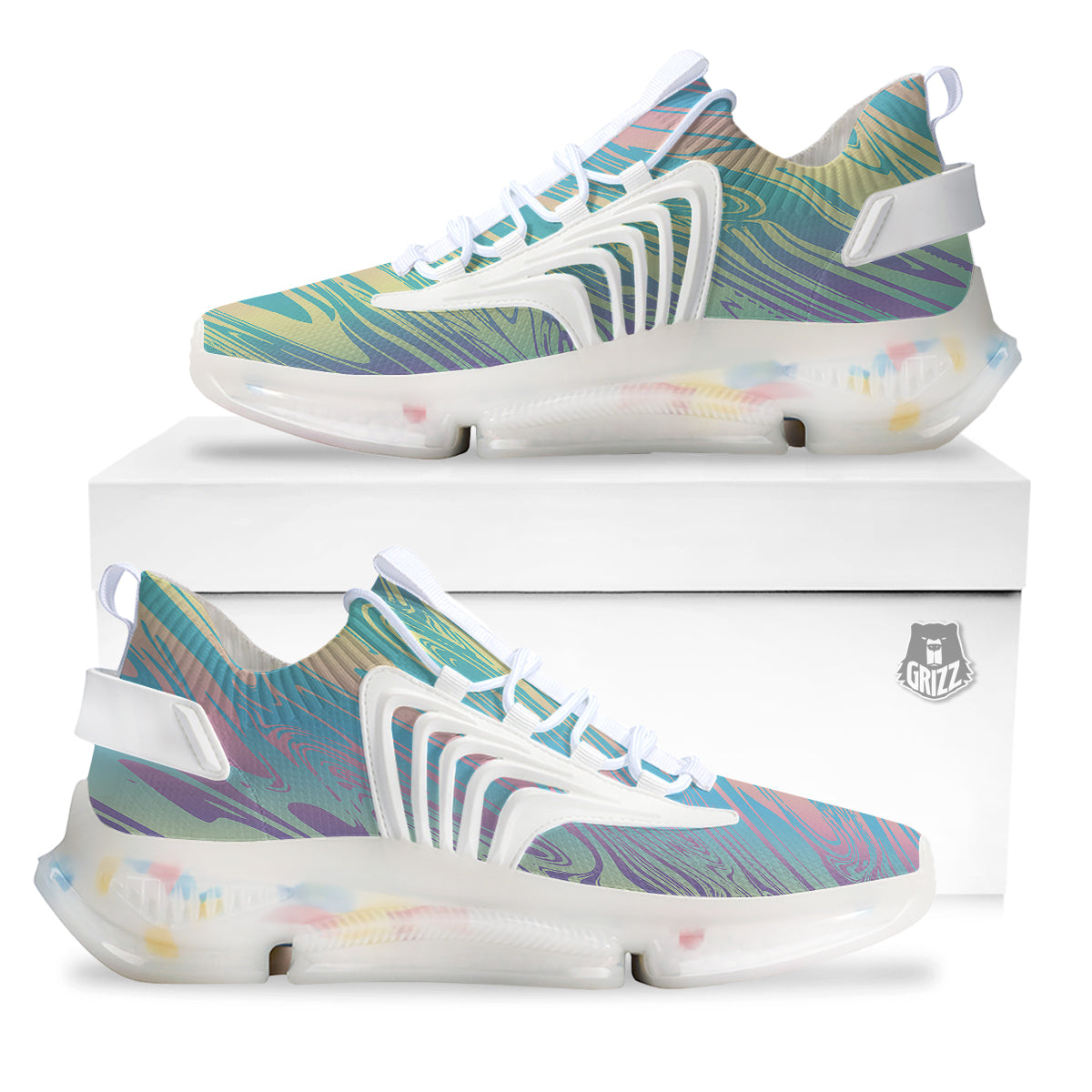 Pastel Liquid Marble Holographic Print White Gym Shoes-grizzshop