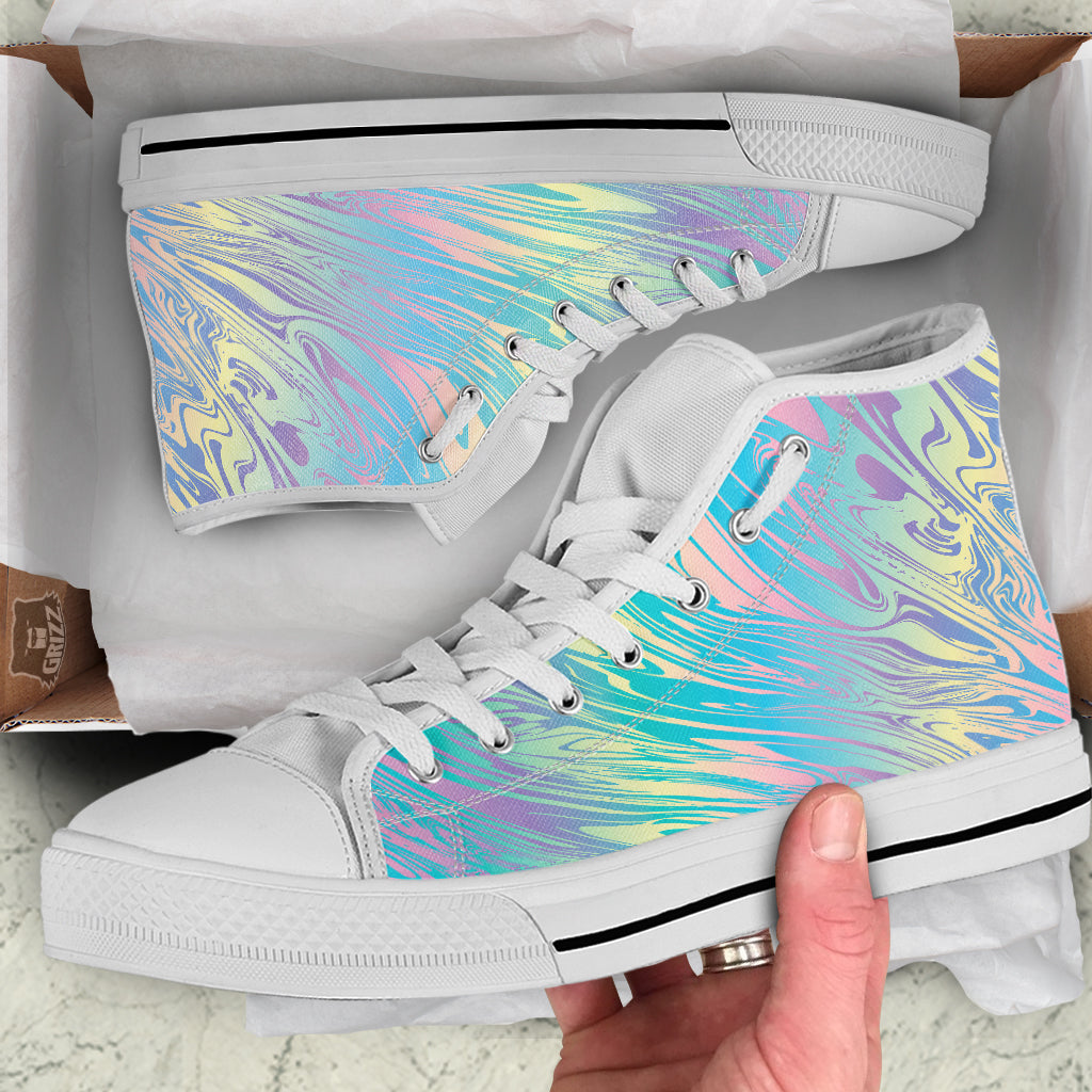 Pastel Liquid Marble Holographic Print White High Top Shoes-grizzshop