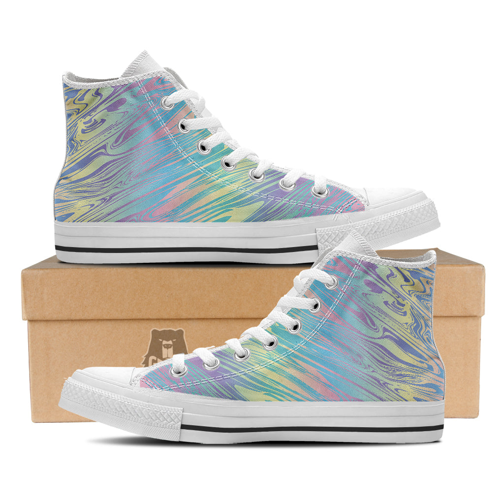 Pastel Liquid Marble Holographic Print White High Top Shoes-grizzshop
