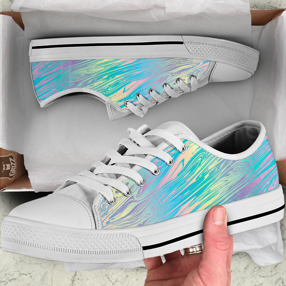 Pastel Liquid Marble Holographic Print White Low Top Shoes-grizzshop