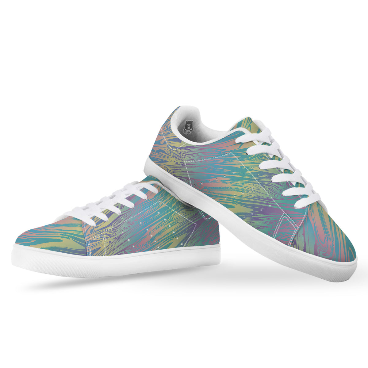 Pastel Liquid Marble Holographic Print White Low Top Sneakers-grizzshop