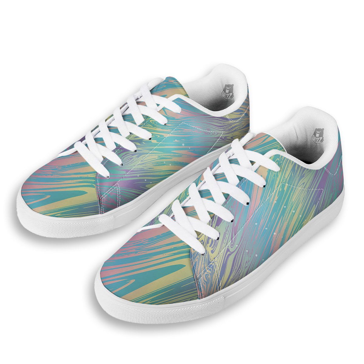 Pastel Liquid Marble Holographic Print White Low Top Sneakers-grizzshop