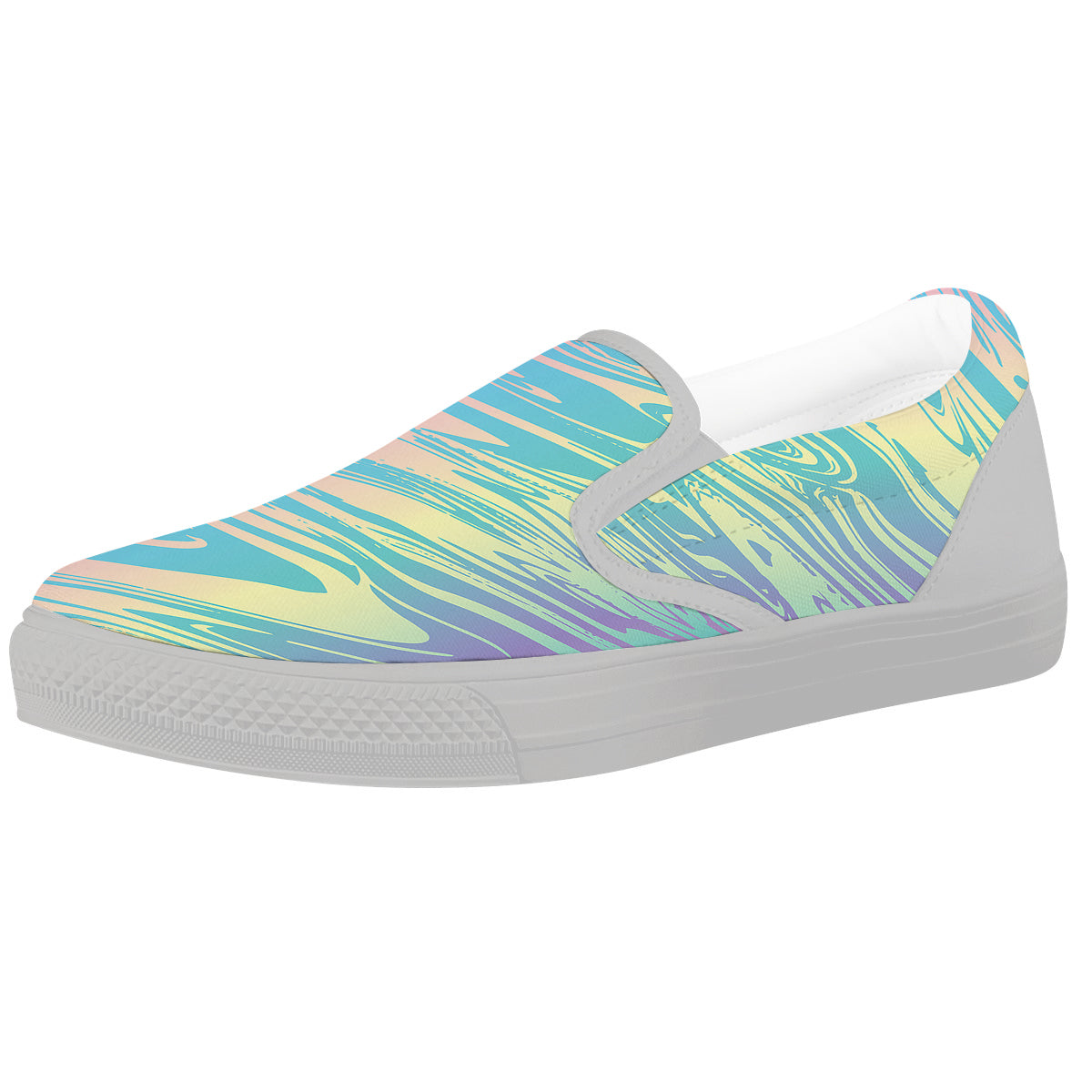 Pastel Liquid Marble Holographic Print White Slip On Shoes-grizzshop