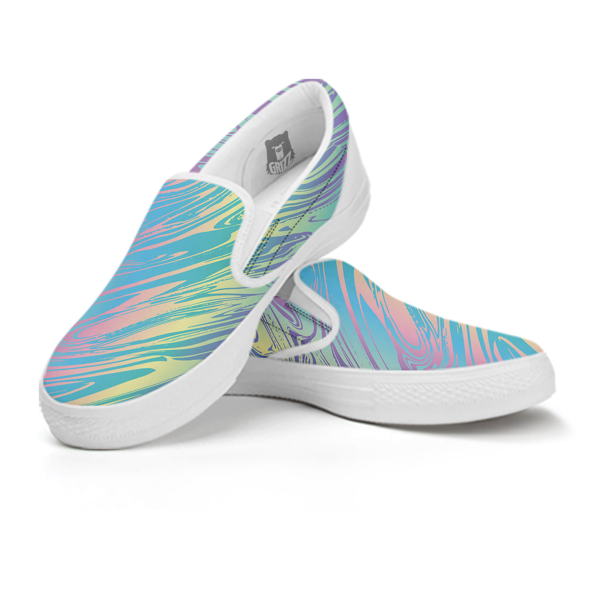 Pastel Liquid Marble Holographic Print White Slip On Shoes-grizzshop