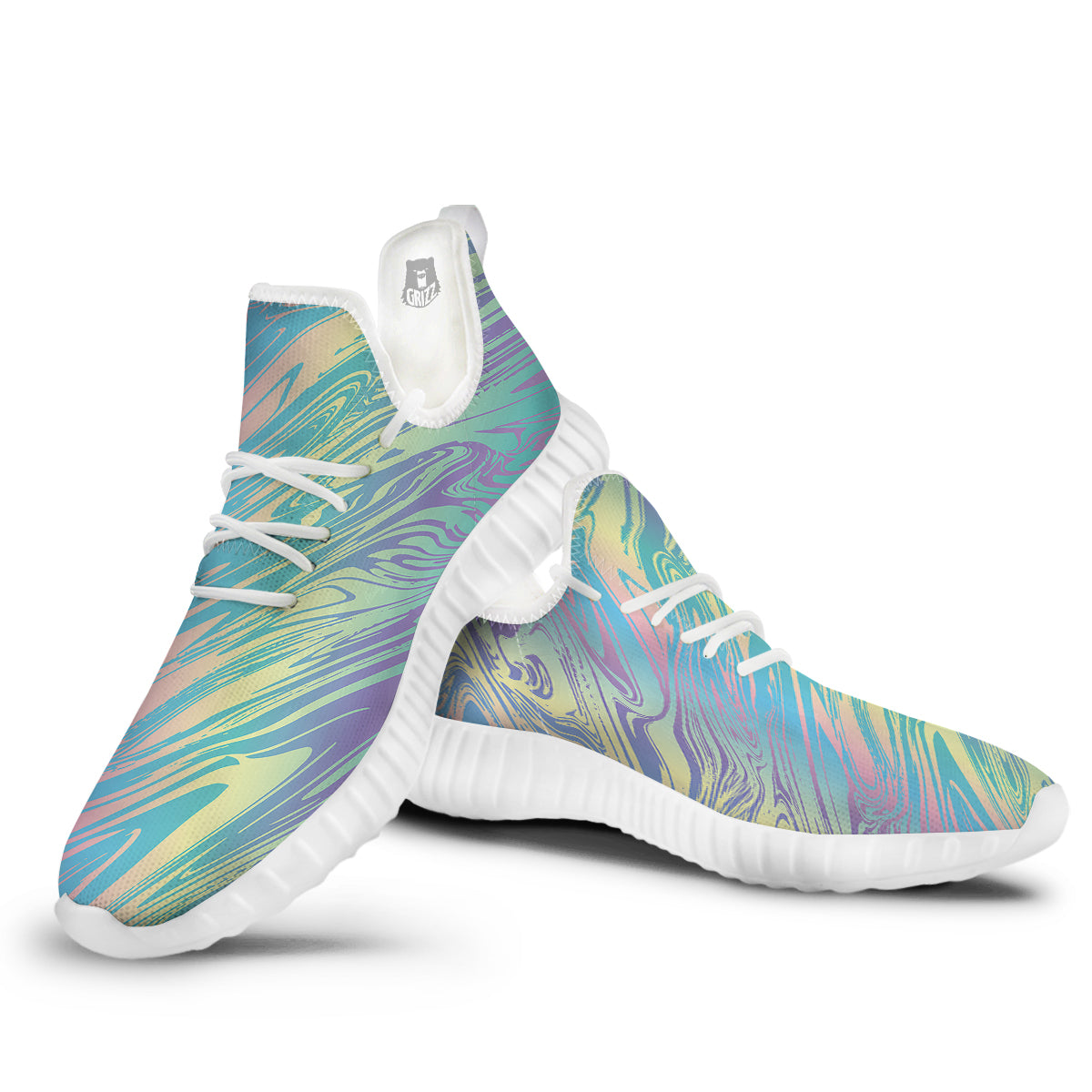 Pastel Liquid Marble Holographic Print White Walking Shoes-grizzshop