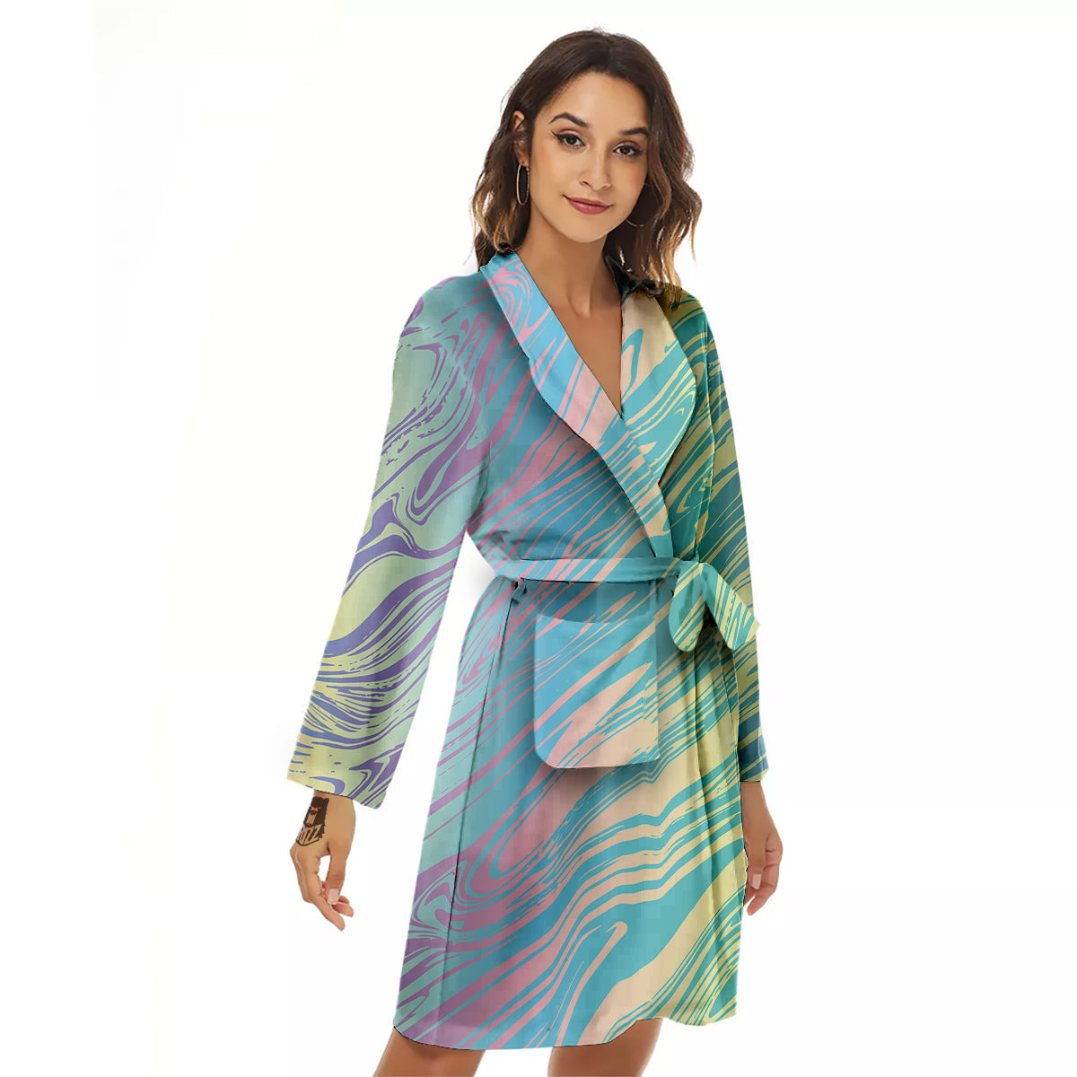 Pastel Liquid Marble Holographic Print Women's Robe-grizzshop