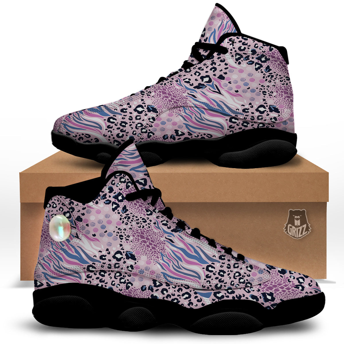 Pastel Mix Animal Skin Print Black Basketball Shoes-grizzshop