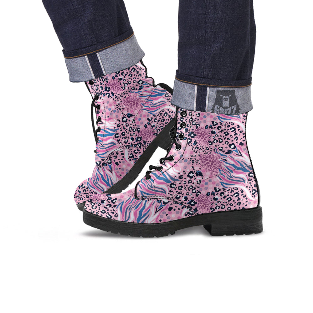 Pastel Mix Animal Skin Print Leather Boots-grizzshop
