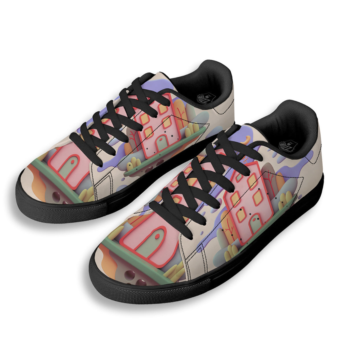 Pastel Modern House Print Black Low Top Sneakers-grizzshop