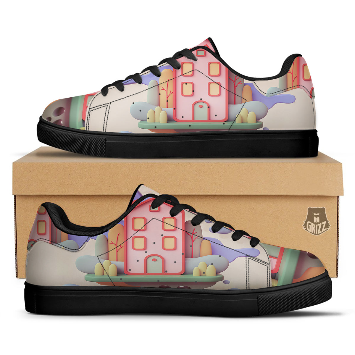 Pastel Modern House Print Black Low Top Sneakers-grizzshop