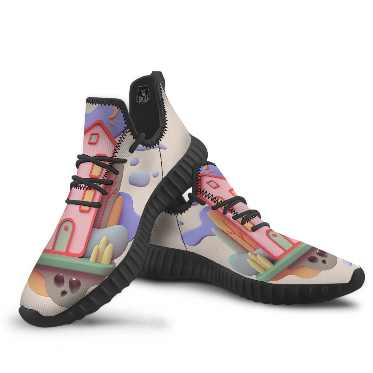 Pastel Modern House Print Black Walking Shoes-grizzshop