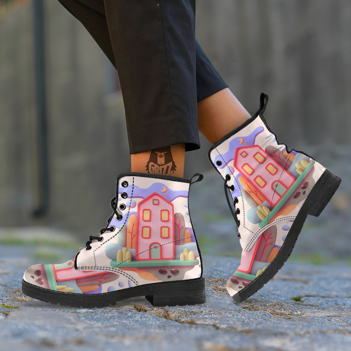 Pastel Modern House Print Leather Boots-grizzshop