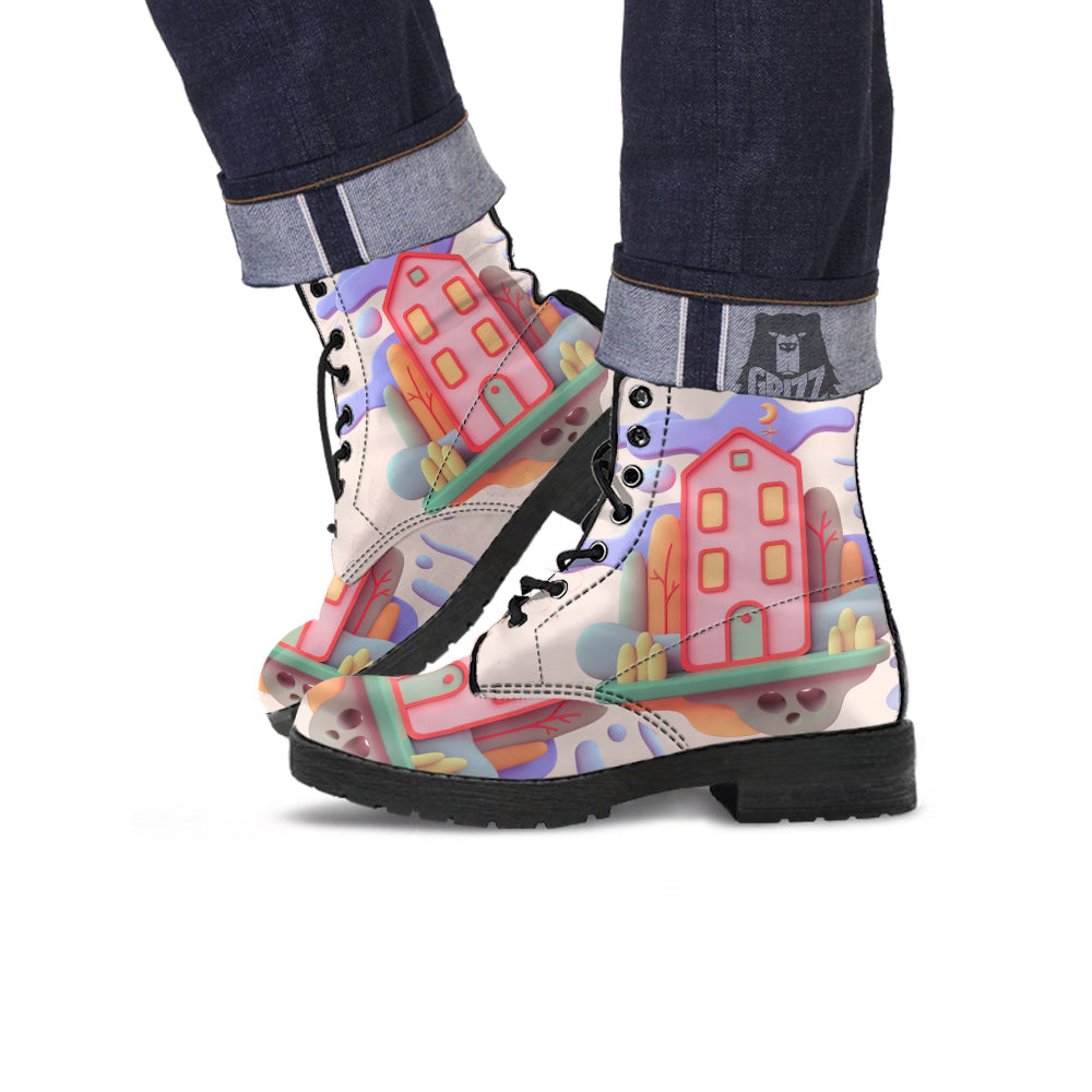 Pastel Modern House Print Leather Boots-grizzshop