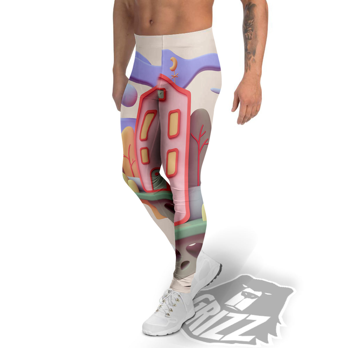 Pastel Modern House Print Men's Leggings-grizzshop