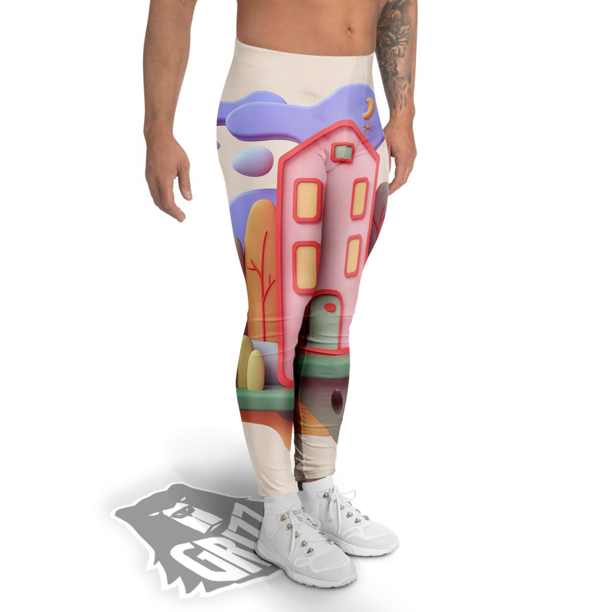 Pastel Modern House Print Men's Leggings-grizzshop