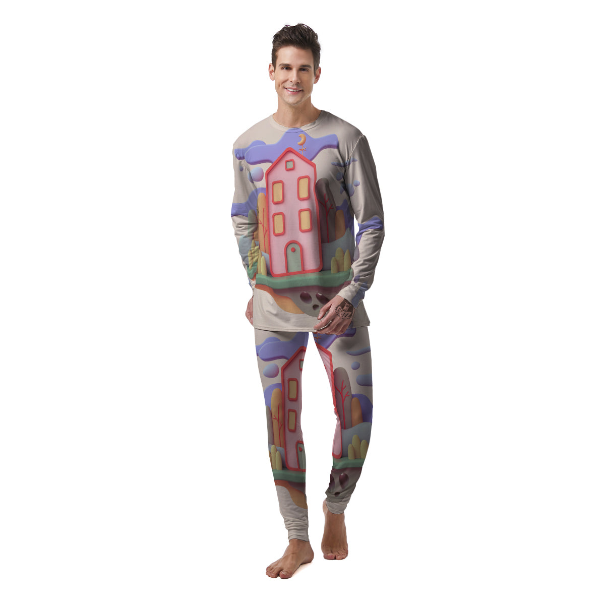 Pastel Modern House Print Men's Pajamas-grizzshop