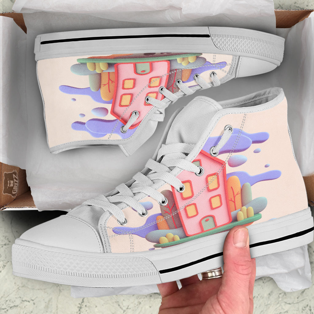 Pastel Modern House Print White High Top Shoes-grizzshop