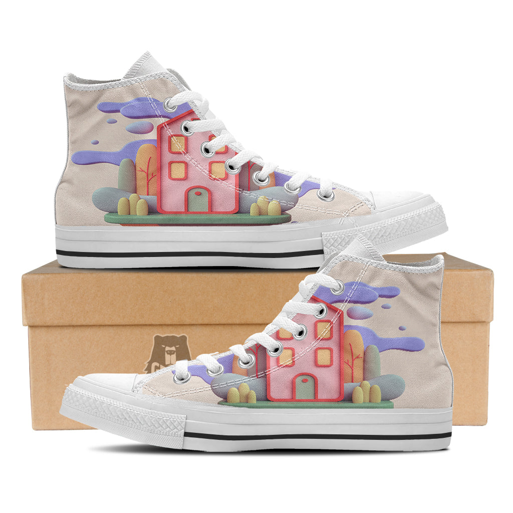 Pastel Modern House Print White High Top Shoes-grizzshop