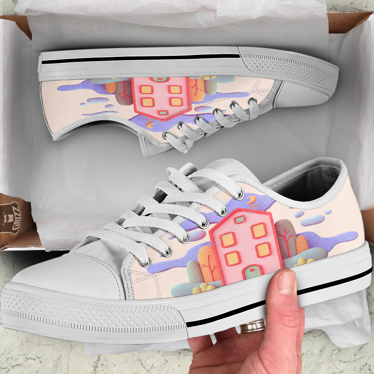 Pastel Modern House Print White Low Top Shoes-grizzshop