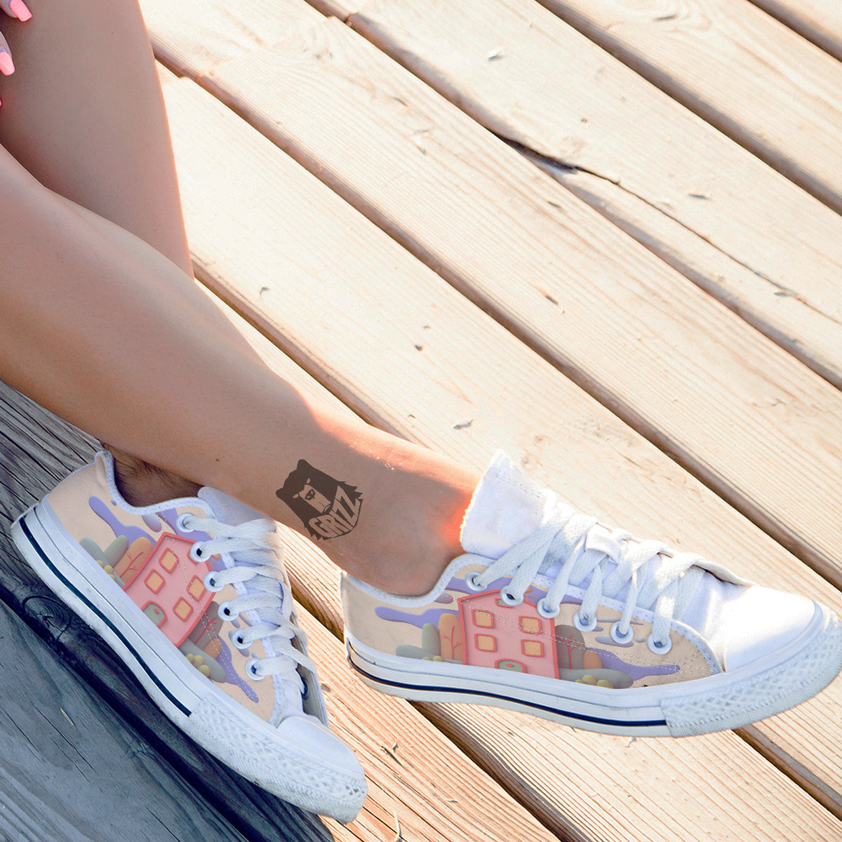 Pastel Modern House Print White Low Top Shoes-grizzshop