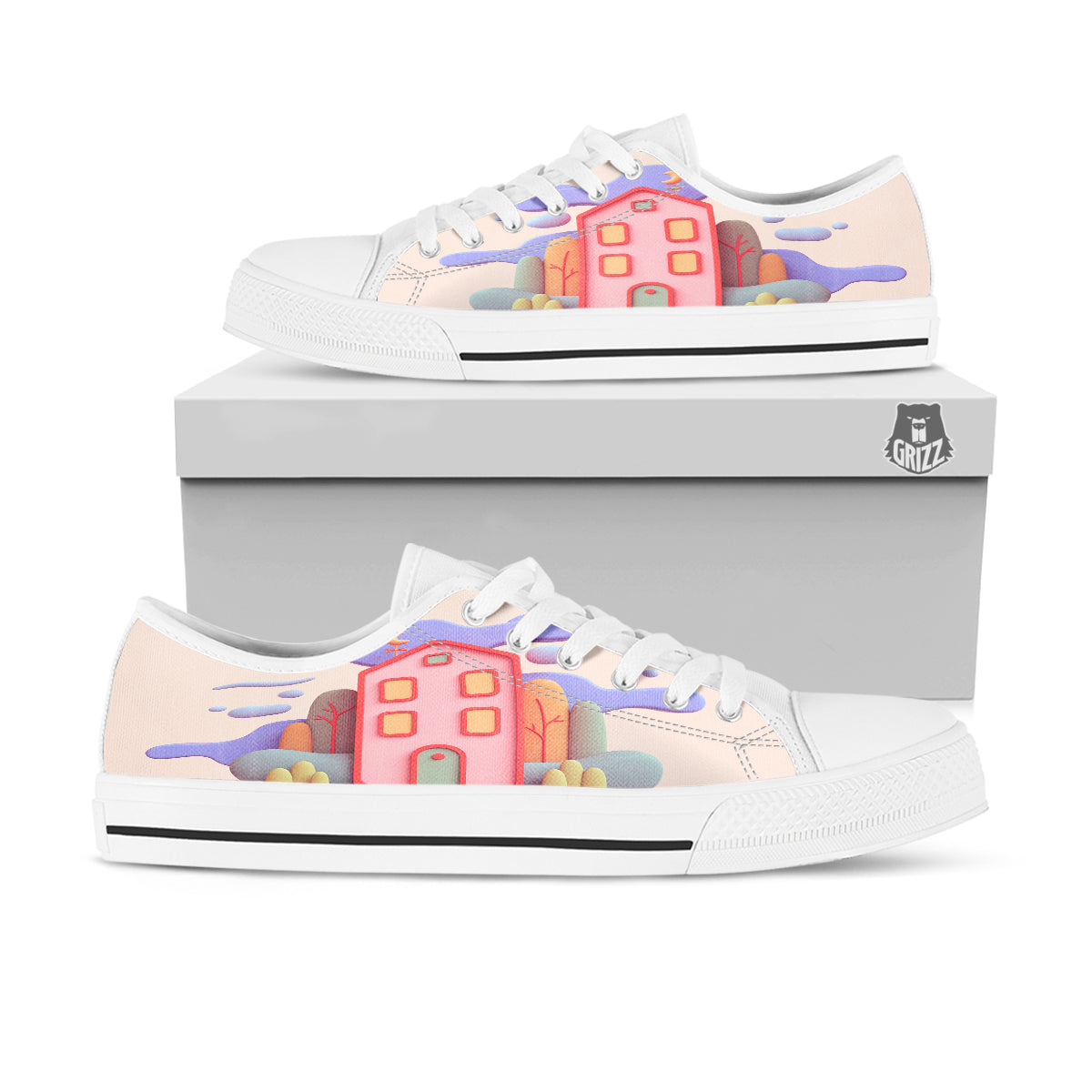 Pastel Modern House Print White Low Top Shoes-grizzshop