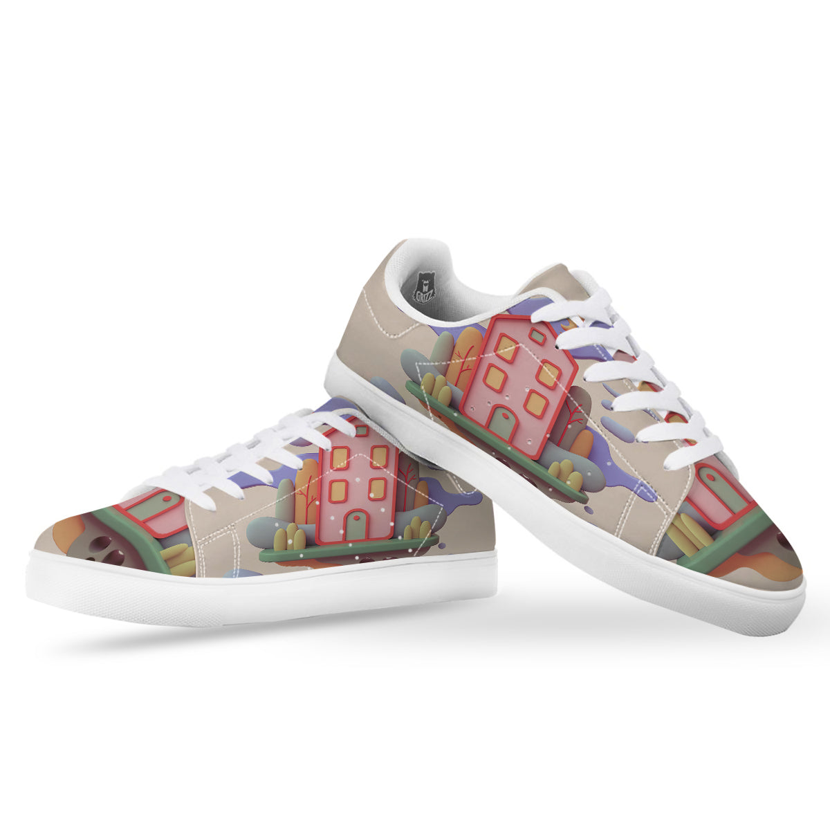 Pastel Modern House Print White Low Top Sneakers-grizzshop