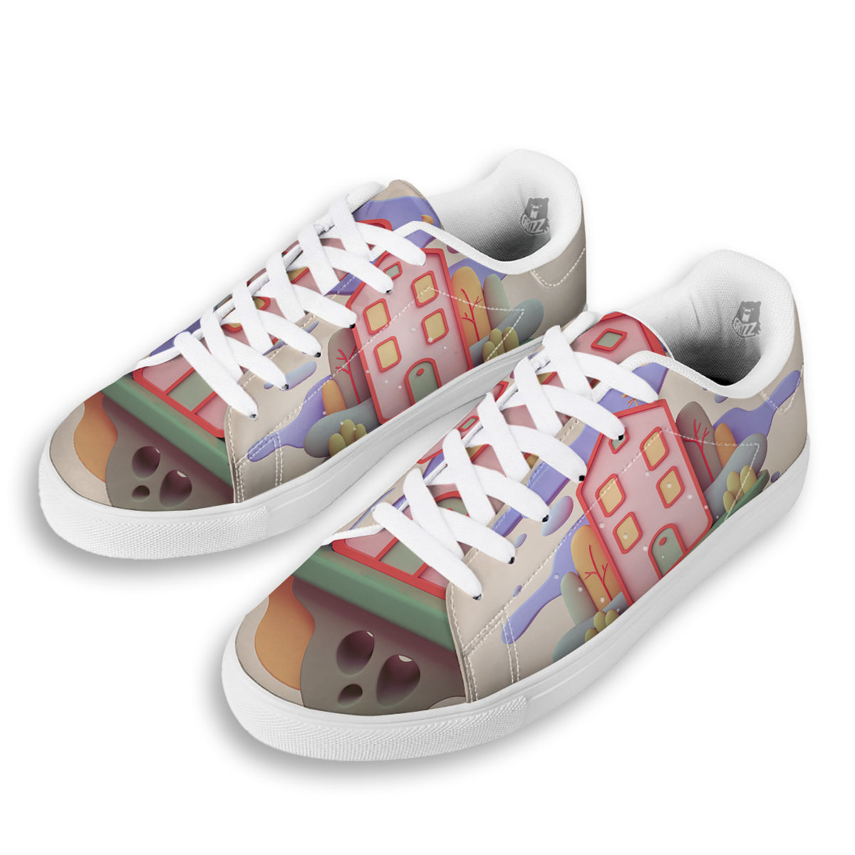 Pastel Modern House Print White Low Top Sneakers-grizzshop