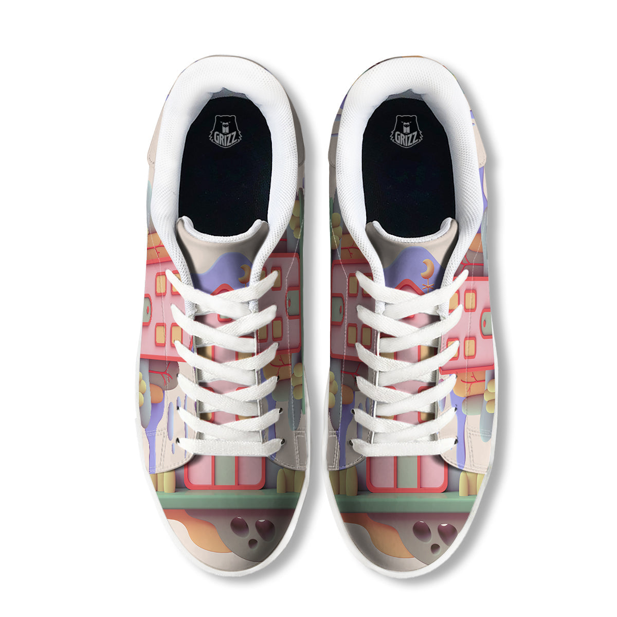 Pastel Modern House Print White Low Top Sneakers-grizzshop