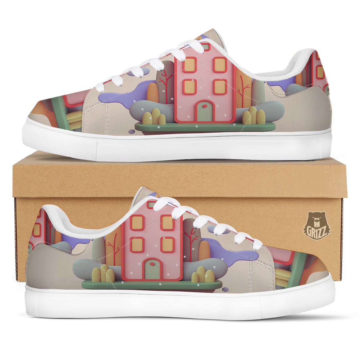 Pastel Modern House Print White Low Top Sneakers-grizzshop
