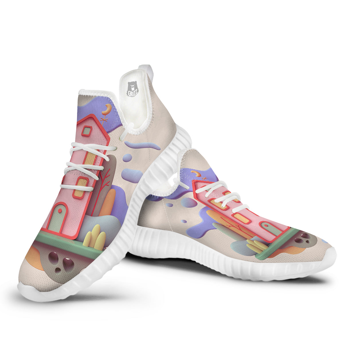 Pastel Modern House Print White Walking Shoes-grizzshop