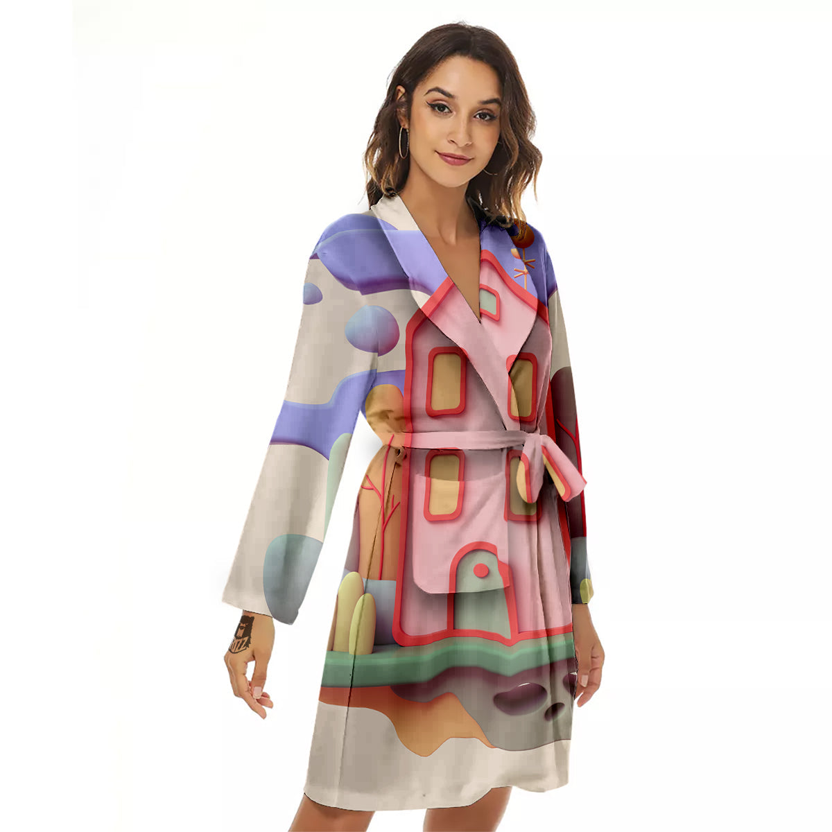 Pastel Modern House Print Women's Robe-grizzshop