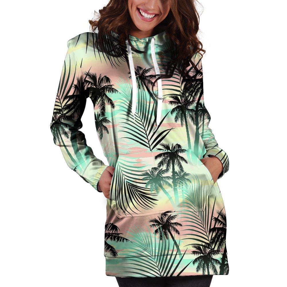 Pastel Palm Tree Hawaiian Print Hoodie Dress-grizzshop