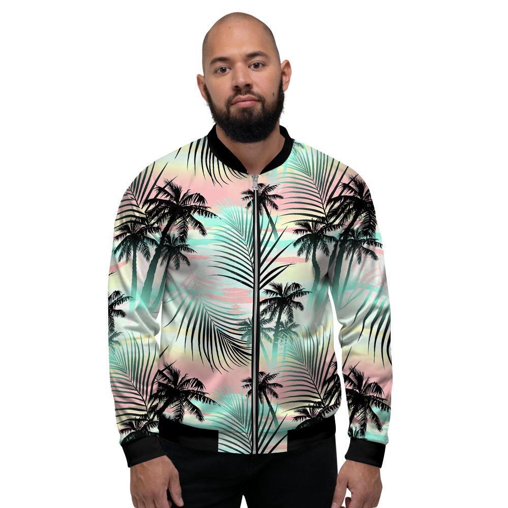 Pastel Palm Tree Hawaiian Print Men's Bomber Jacket-grizzshop