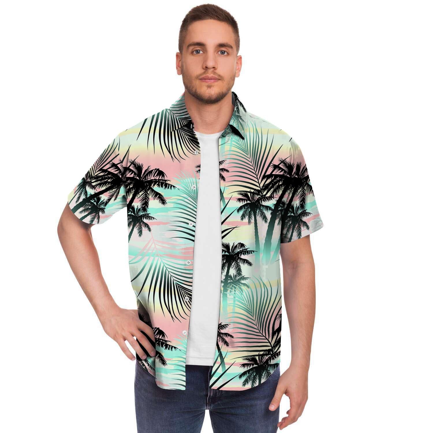 Pastel Palm Tree Hawaiian Print Men's Short Sleeve Shirt-grizzshop
