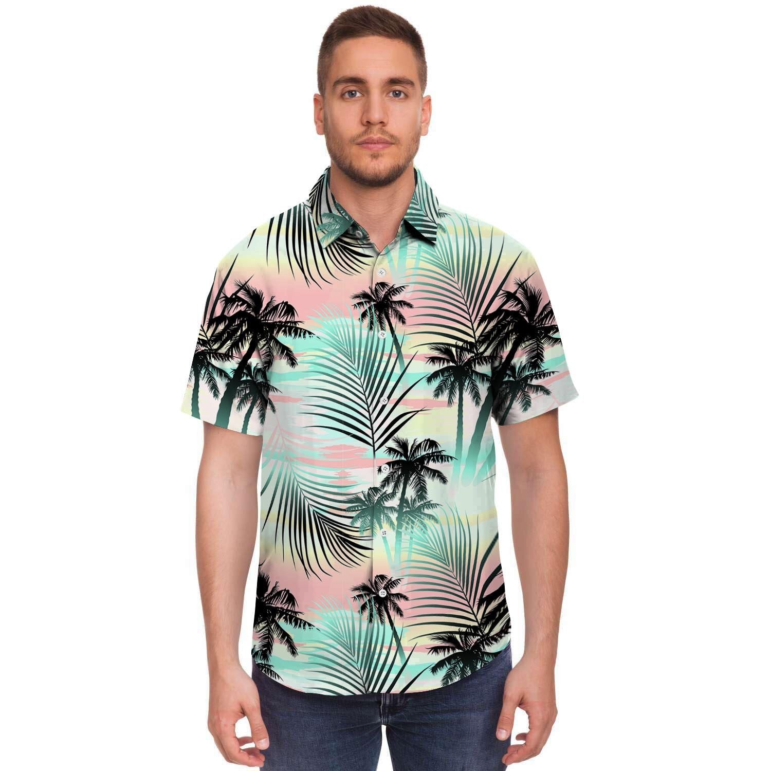 Pastel Palm Tree Hawaiian Print Men's Short Sleeve Shirt-grizzshop
