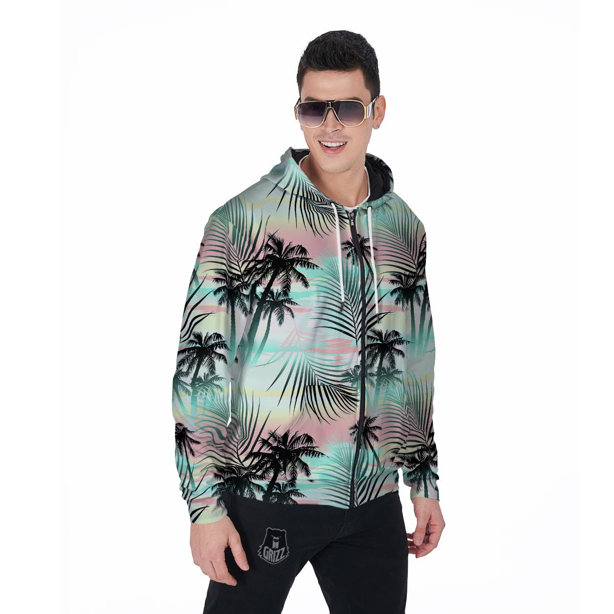 Pastel Palm Tree Hawaiian Print Men's Zip Up Hoodie-grizzshop