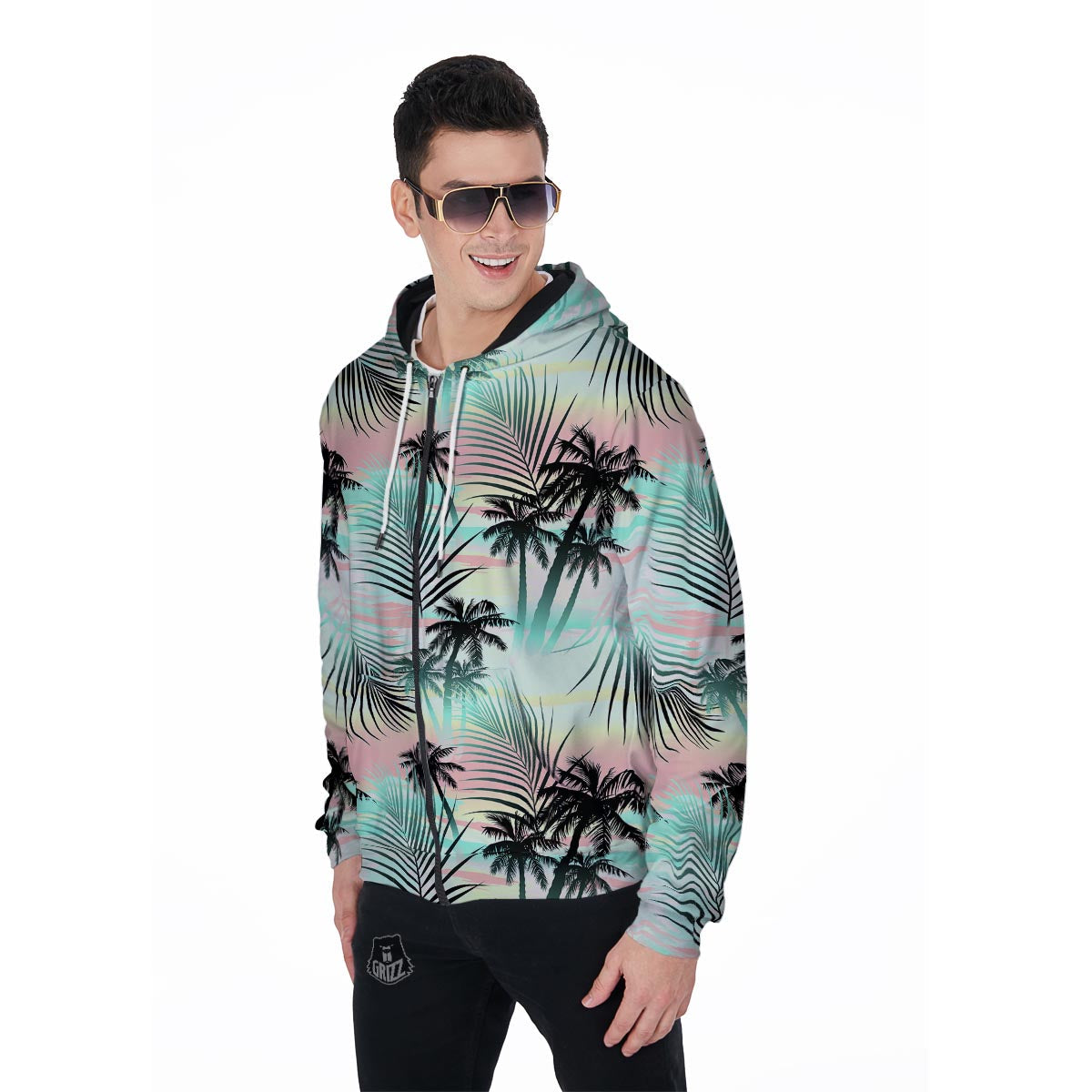 Pastel Palm Tree Hawaiian Print Men's Zip Up Hoodie-grizzshop