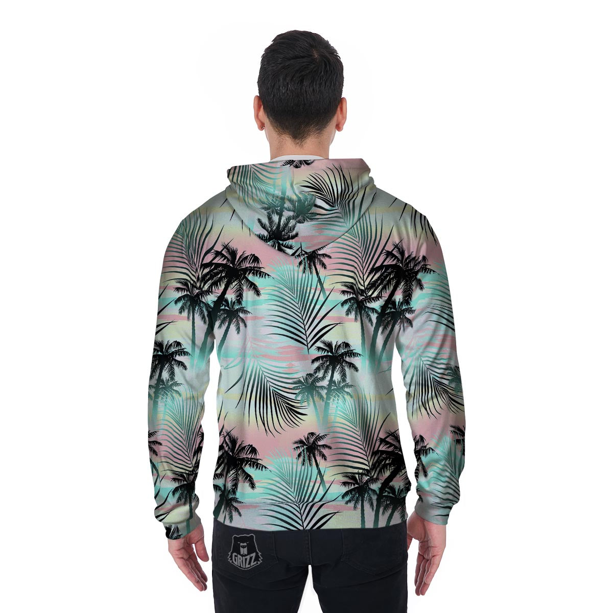 Pastel Palm Tree Hawaiian Print Men's Zip Up Hoodie-grizzshop