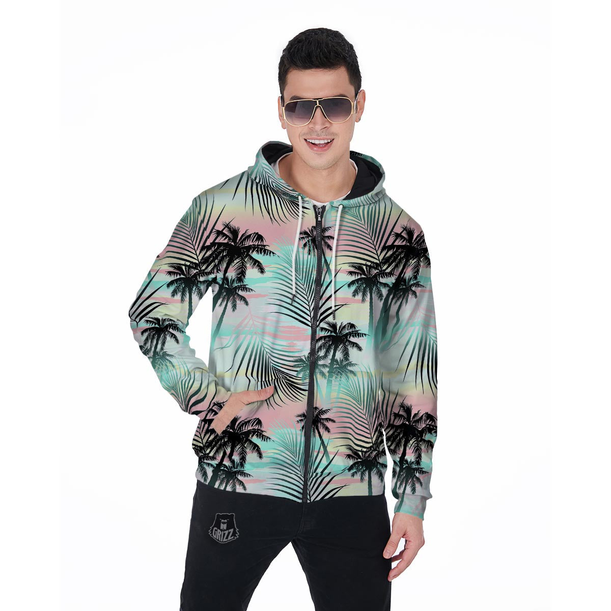 Pastel Palm Tree Hawaiian Print Men's Zip Up Hoodie-grizzshop