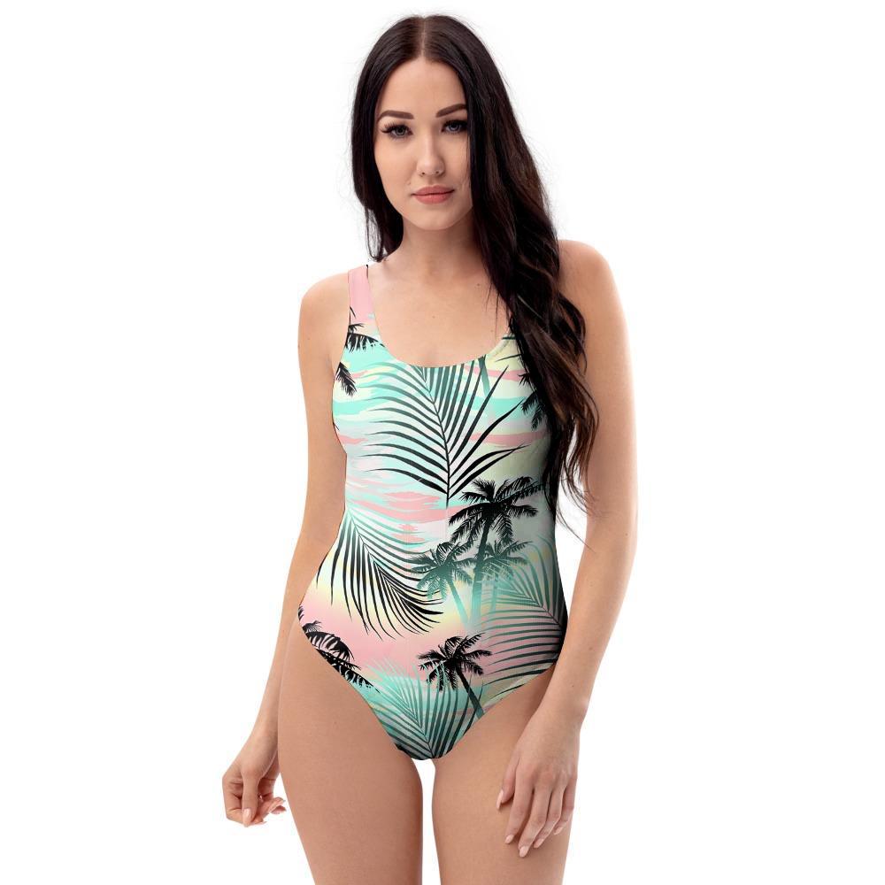 Pastel Palm Tree Hawaiian Print One Piece Swimsuite-grizzshop