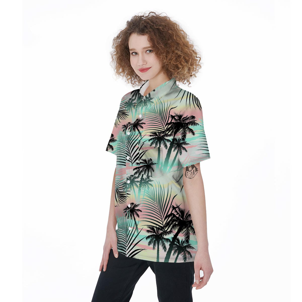 Pastel Palm Tree Hawaiian Print Women's Short Sleeve Shirts-grizzshop
