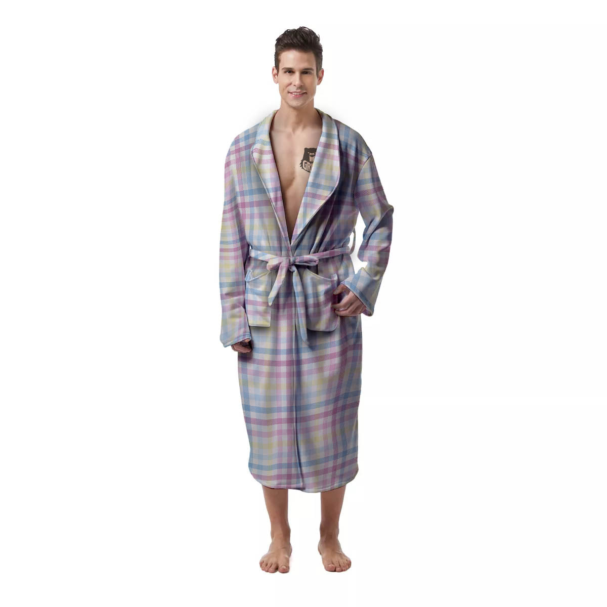 Pastel Plaid Cotton Candy Print Pattern Men's Robe-grizzshop